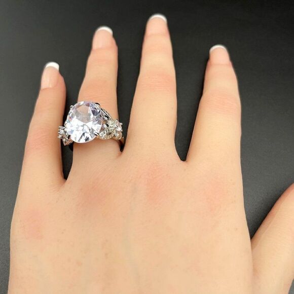 .925 Sterling Silver with Large Oval White Diamond Cubic Zirconia Ring Size 6 - Picture 9 of 10